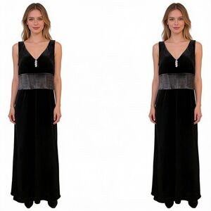 COLDWATER CREEK Black Velvet Sleeveless V-Neck Long Embellished Gown Size 16